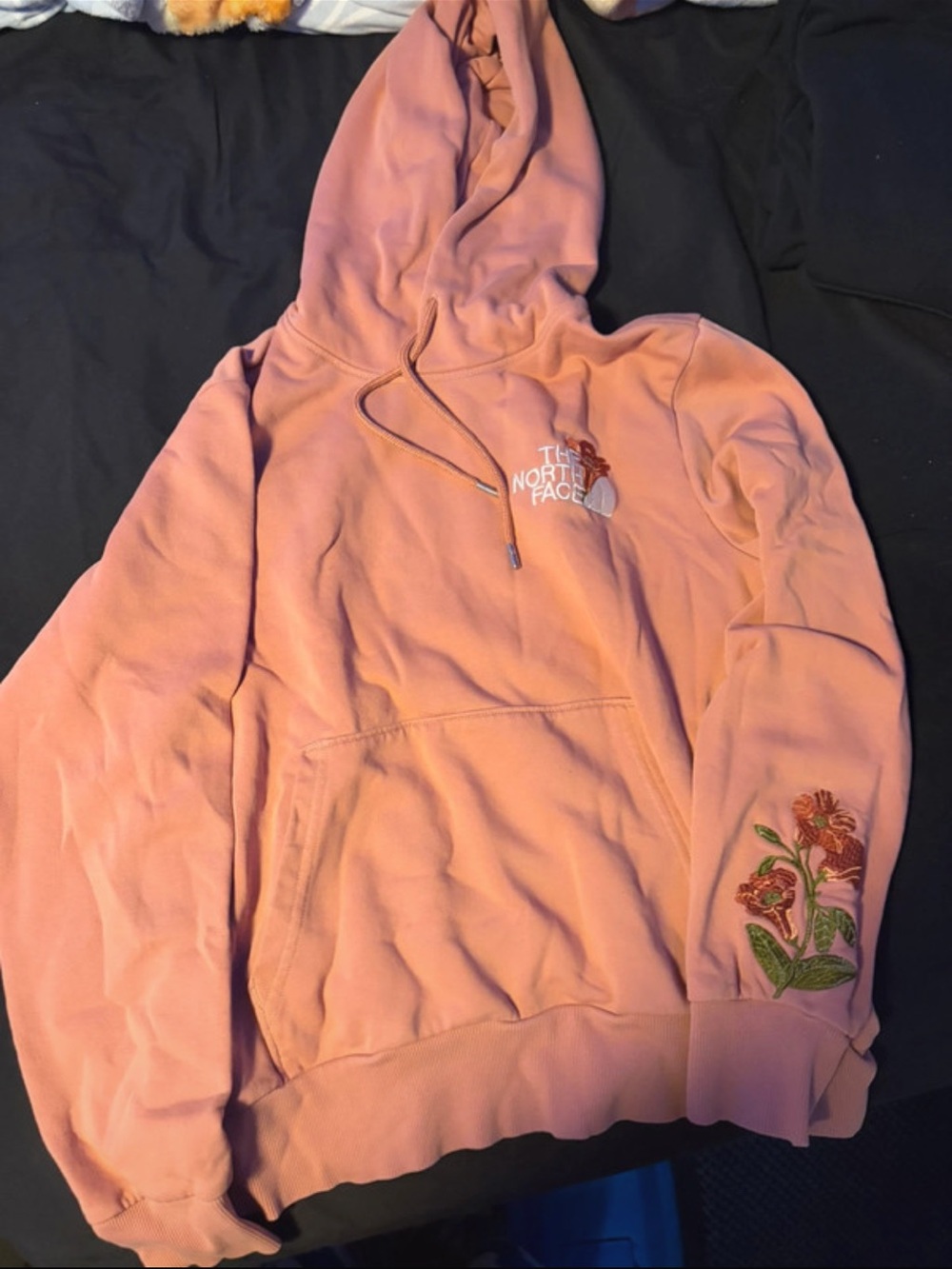 The North Face Pink Hoodie with Floral Sleeve Embroidery